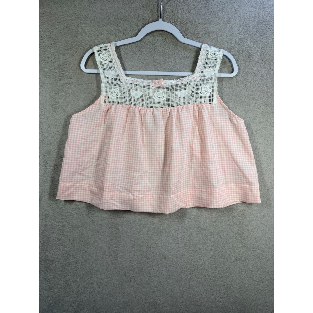 Kacey Lee Gingham Top Women Size M Pink Lace Crochet Coquette Girly Camisole